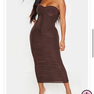Chocolate brown bandeau ruched midaxi dress